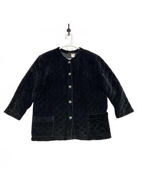 Vintage 90's Quilted Black Velvet Grandma Jacket with Silver Ornate Buttons L
